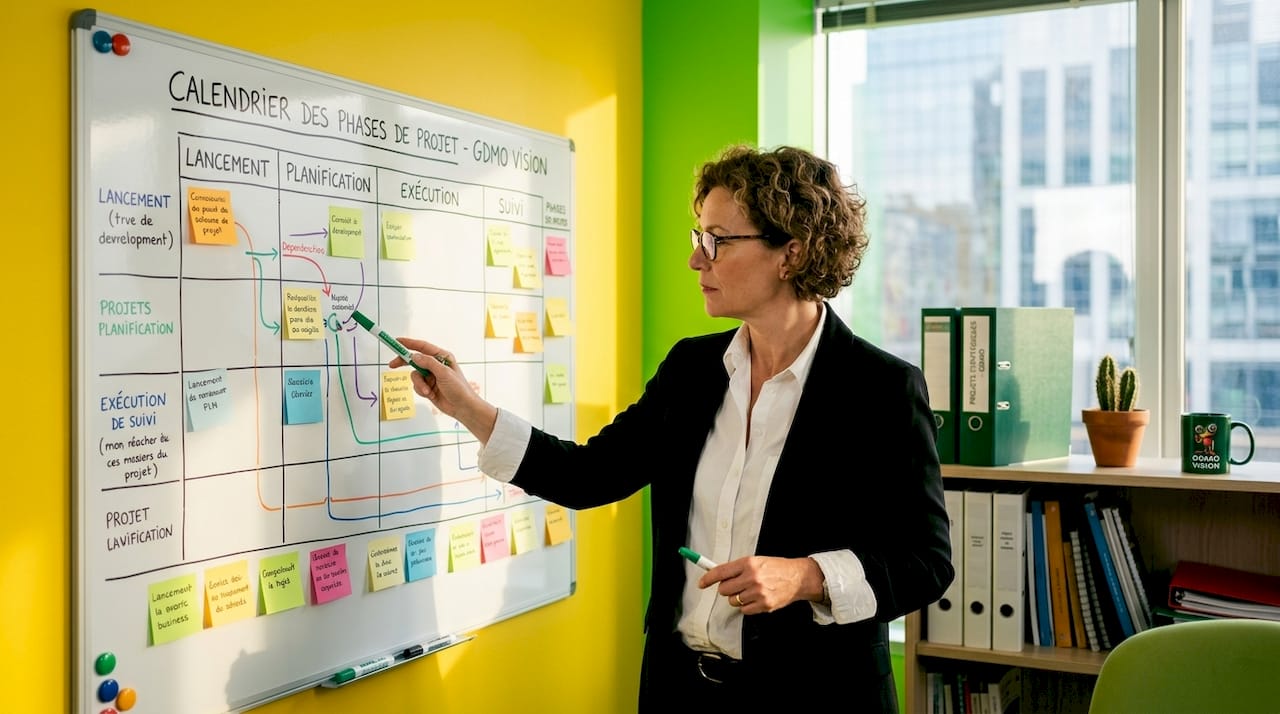 Le directeur passe en revue le planning du projet dans son bureau.