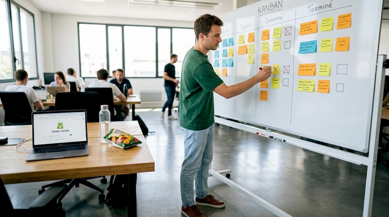 Installé dans un espace de coworking, un freelance met à jour son tableau Kanban pour organiser ses projets.
