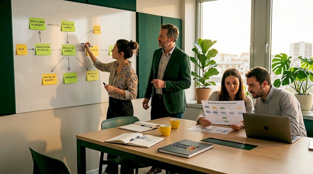Des responsables analysent et organisent le déroulement des tâches sur un tableau blanc, afin d’optimiser la gestion du projet.