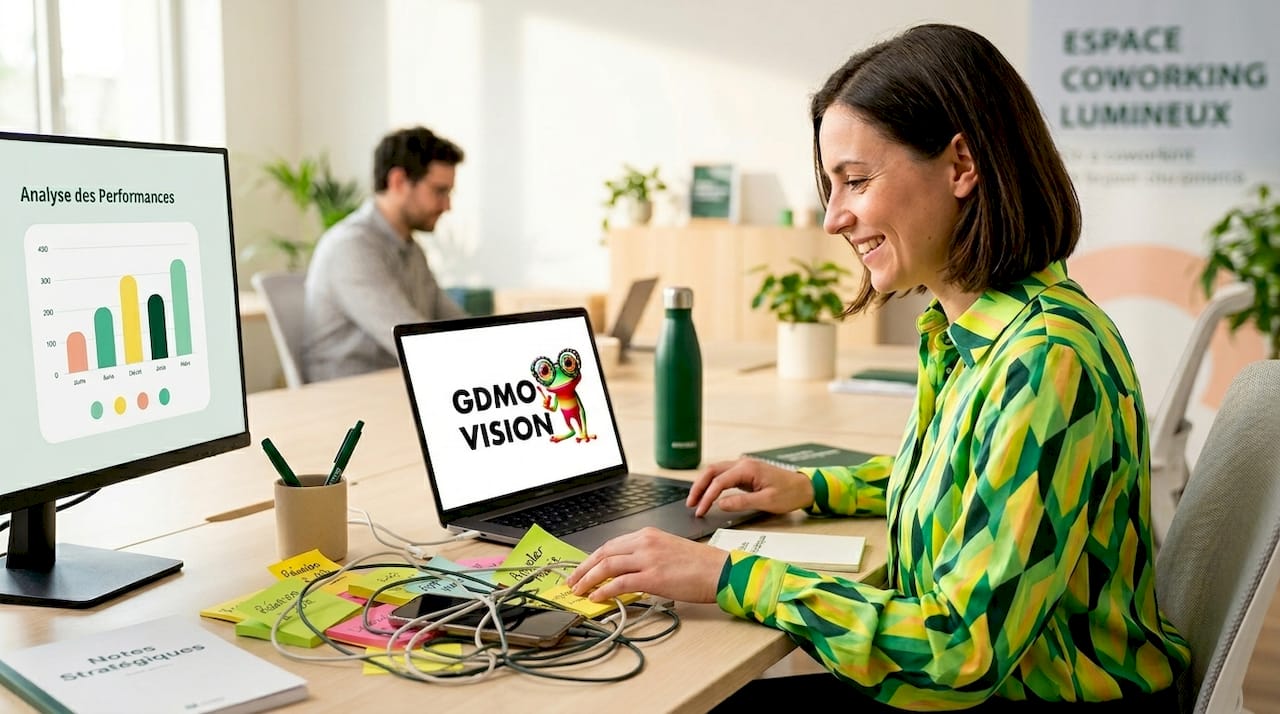 Une femme consulte le tableau de bord de gestion des tâches depuis son bureau.