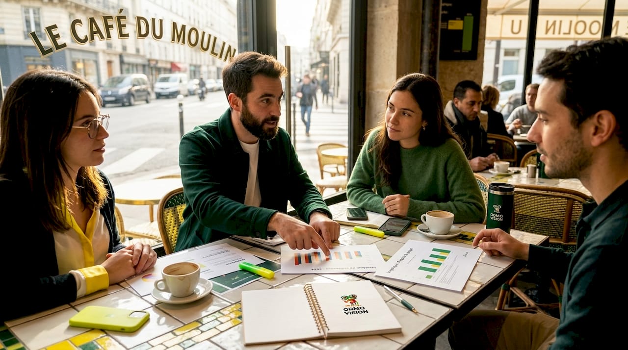 Une équipe travaille ensemble autour d'une table en salle de réunion.