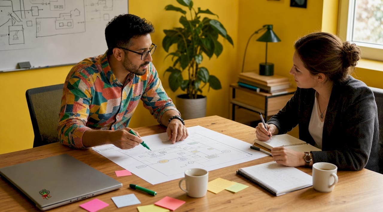 Des participants montrent du doigt un schéma BPMN pendant une réunion.