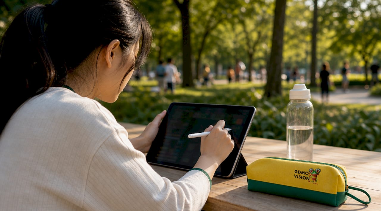 Une personne feuilletant une tablette tout en savourant un café en terrasse.