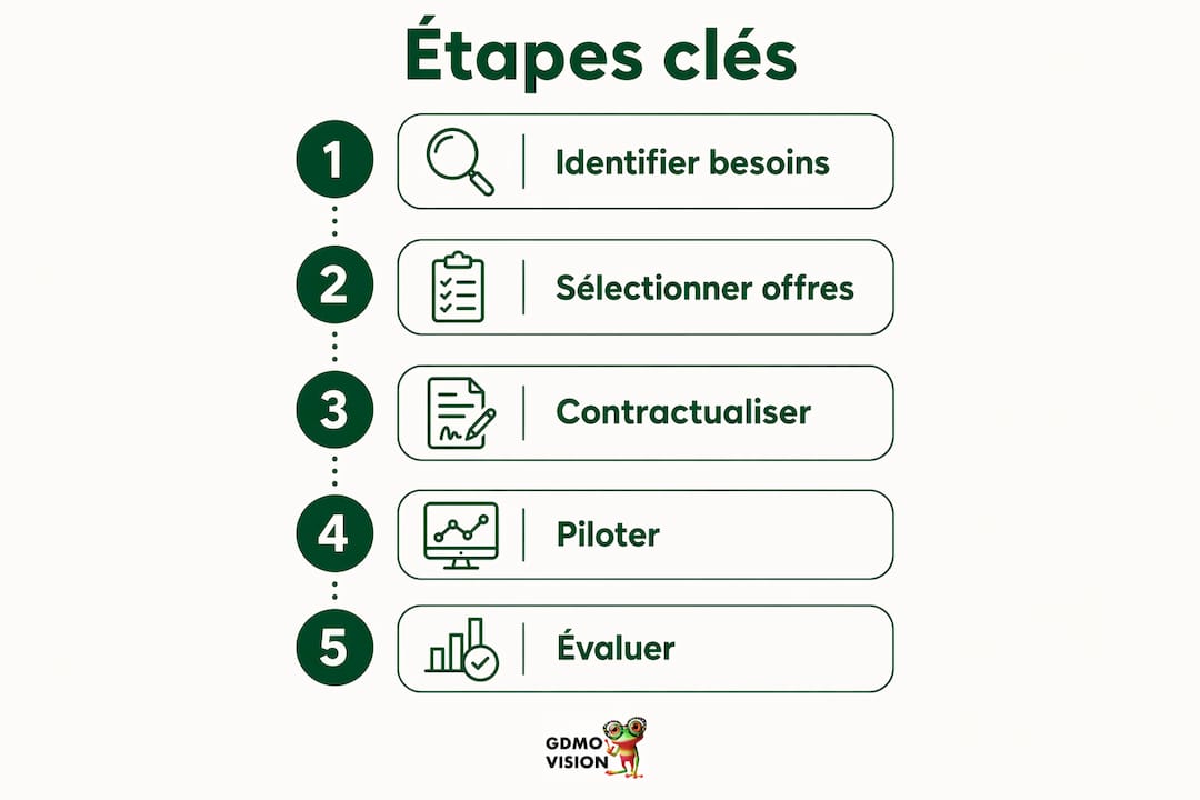 Infographie illustrant les principales étapes pour piloter efficacement la relation avec vos prestataires