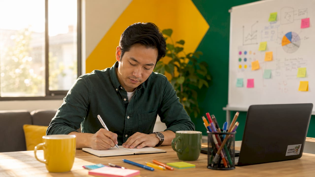 Un homme prend des notes sur les missions du manager transversal