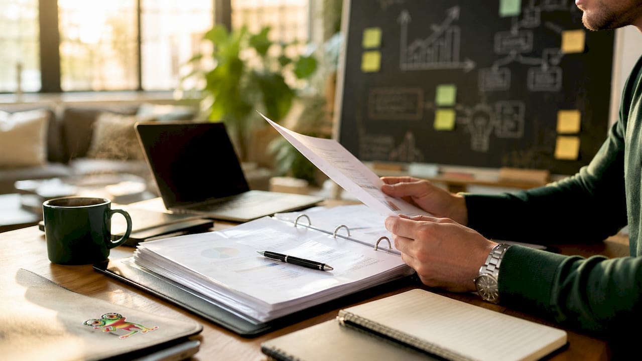 Vue d’ensemble d’un bureau de PME, avec des dossiers financiers étalés sur le bureau.