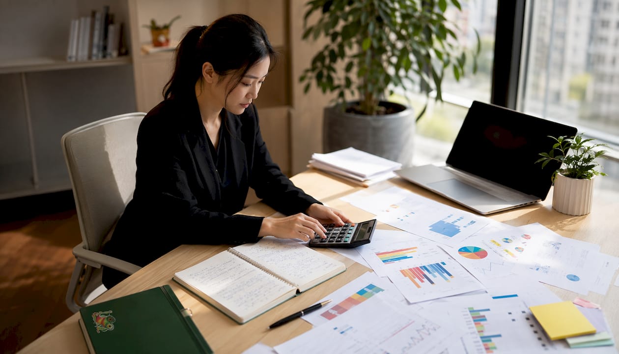 Des mains en train de manipuler une calculatrice tout en consultant des dossiers comptables.