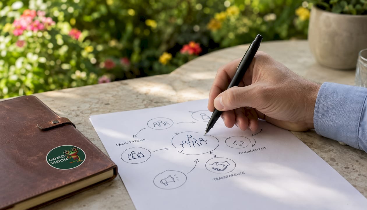 Zoom sur une main en train de prendre des notes sur un schéma explicatif