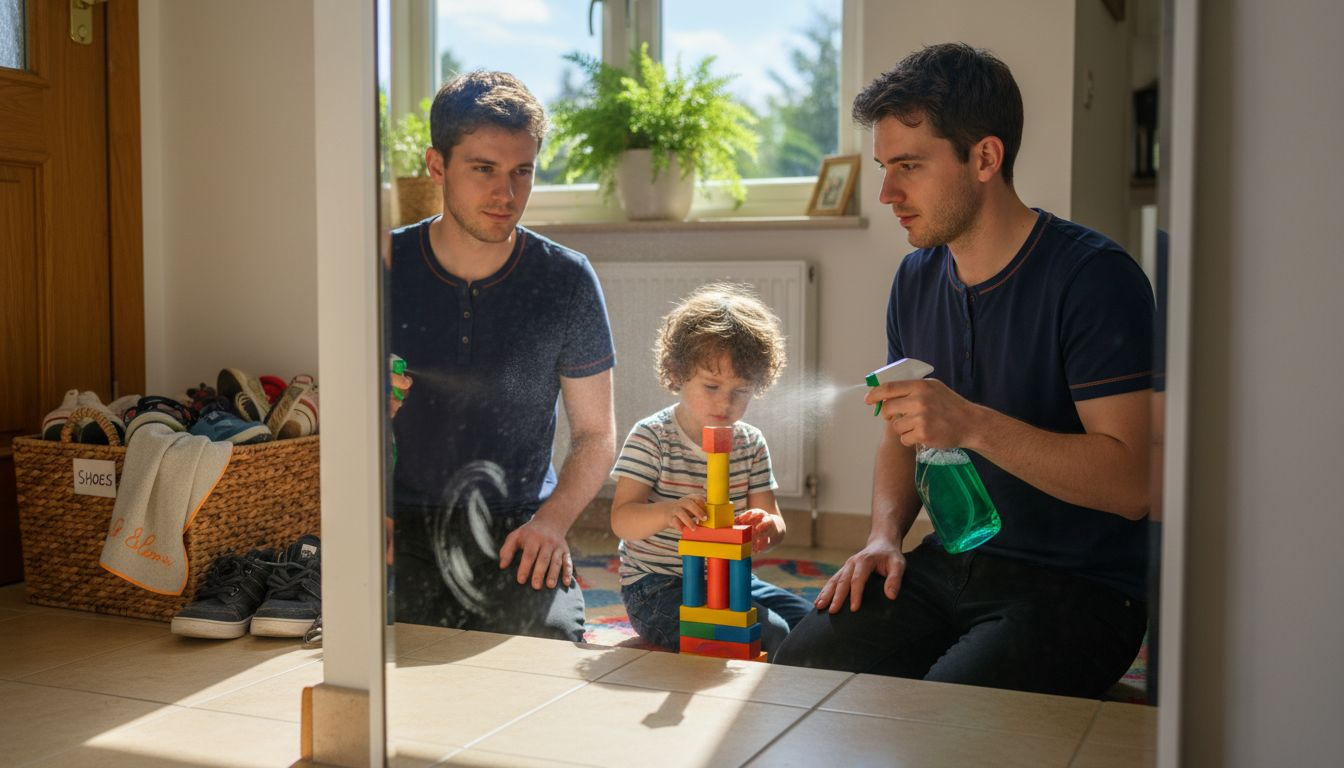 Parent cleaning with child indoors and houseplants