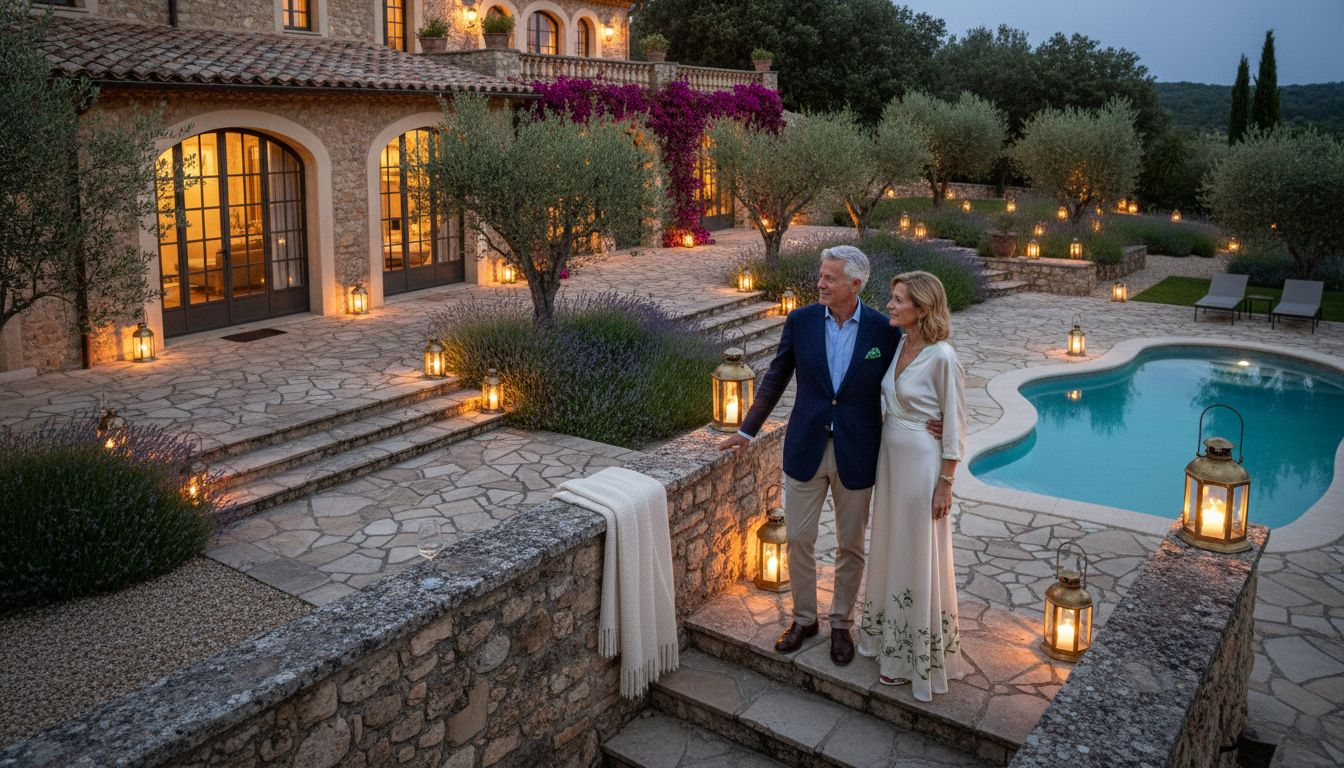 Couple admiring luxury villa at dusk