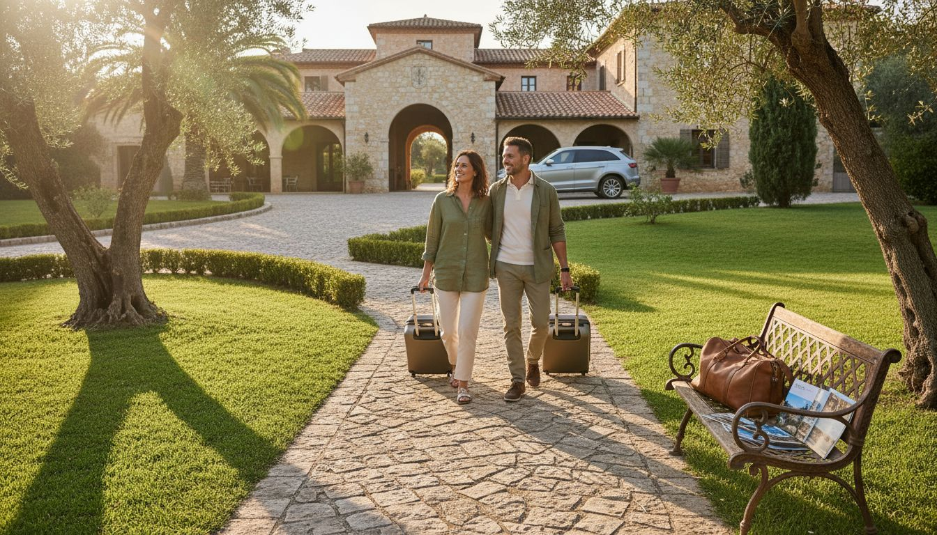 Luxury estate exterior with guests arriving