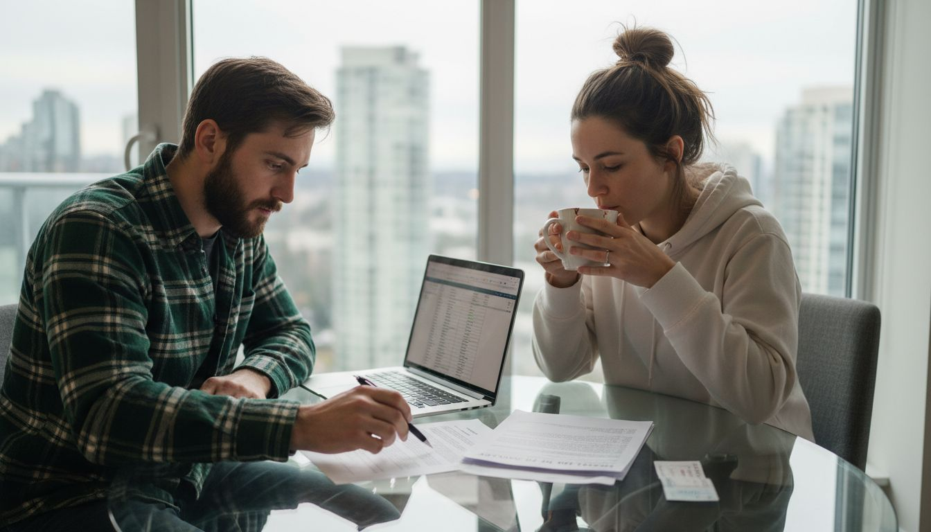 Couple reviewing Airbnb paperwork in Vancouver condo