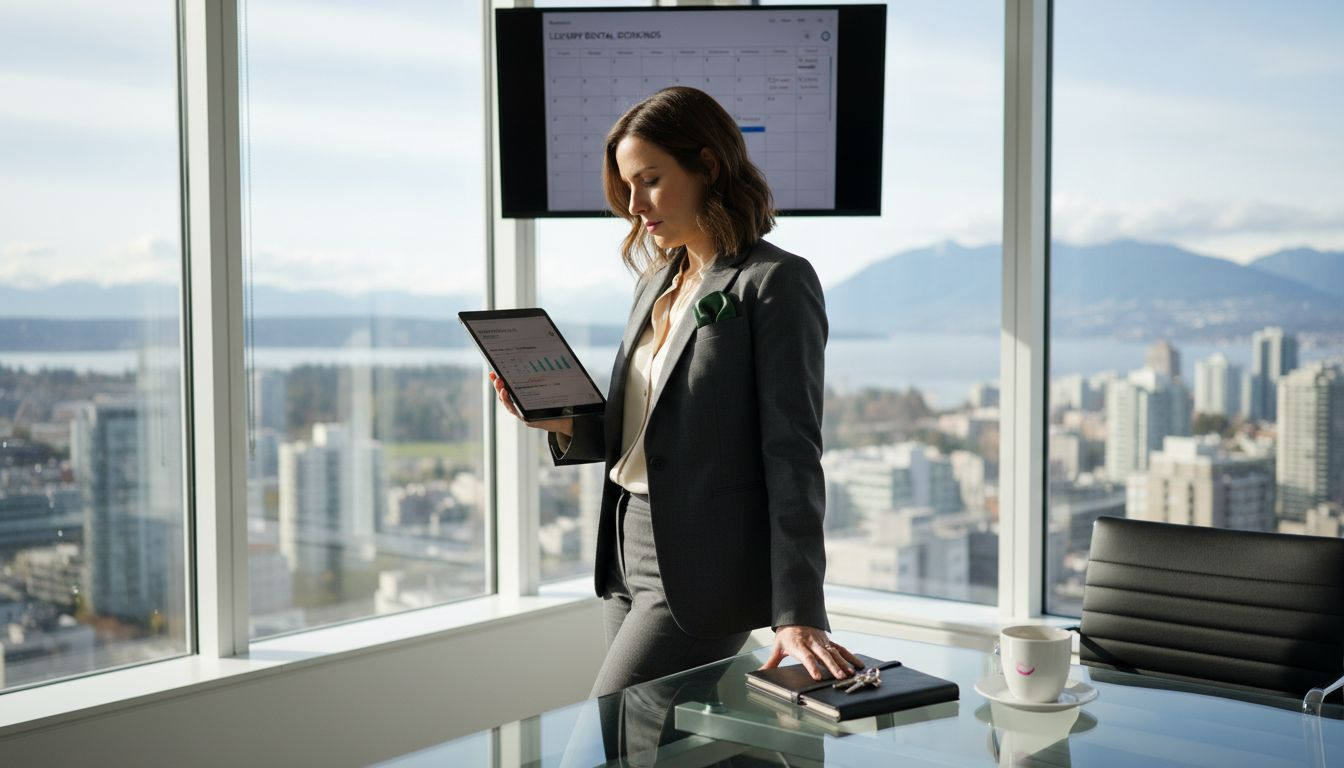 Property manager reviewing luxury rental dashboard