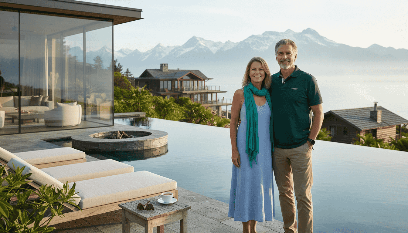 Couple admiring varied luxury rental estate exteriors
