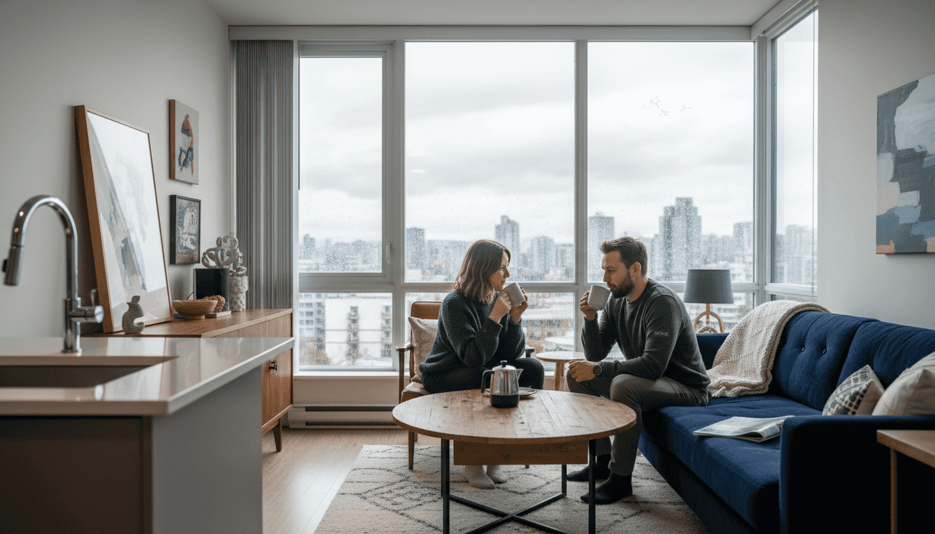 Couple relaxing in luxury rental living room