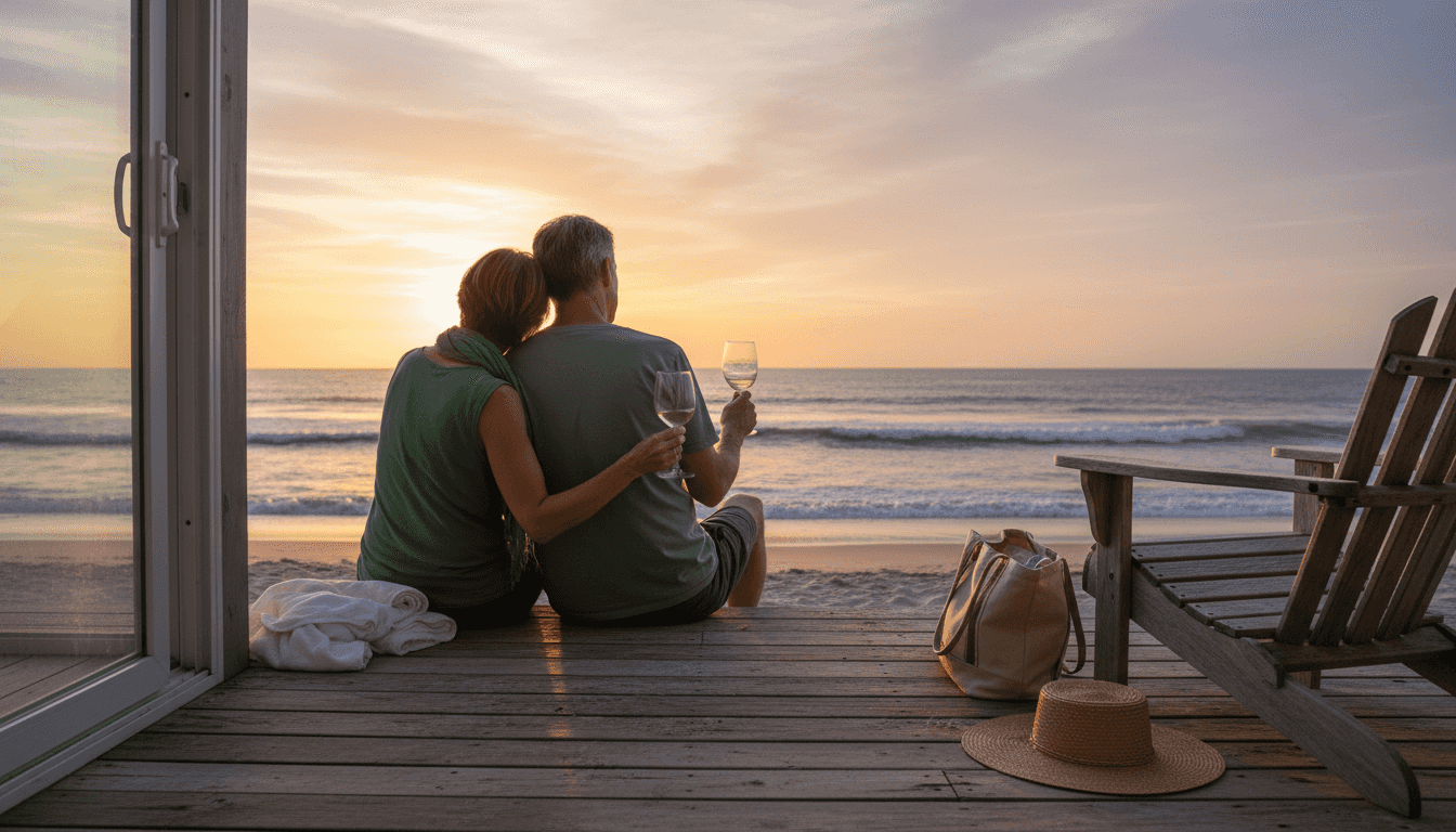Couple relaxing on beachfront deck at sunset