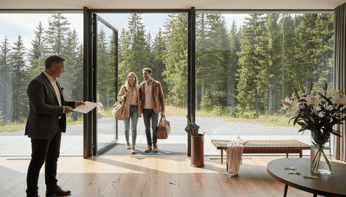 Couple arriving at mountain luxury villa