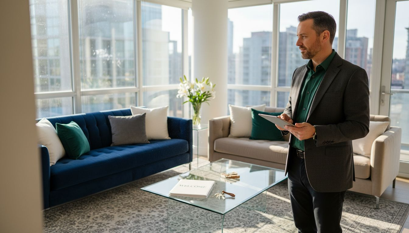 Property manager in luxury rental penthouse entryway