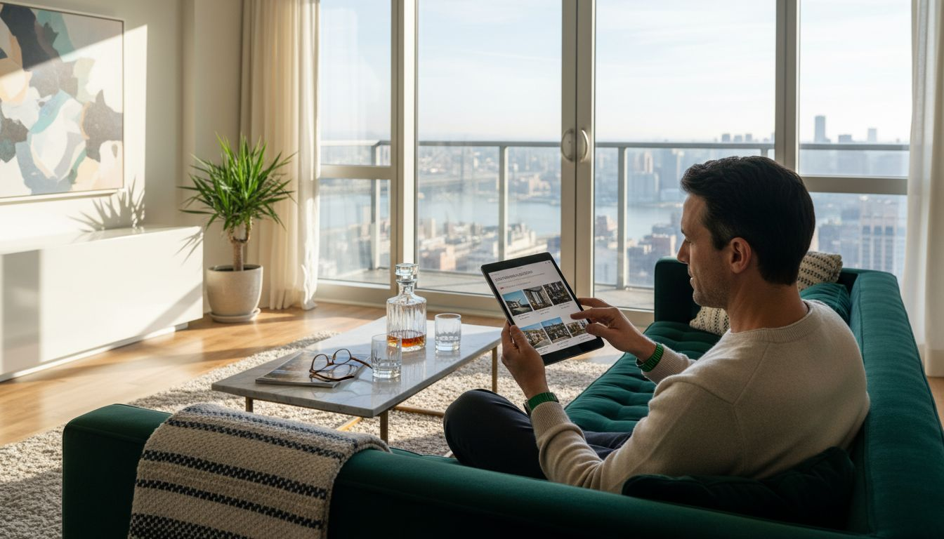 Man searches luxury rentals on sofa in sunlit apartment
