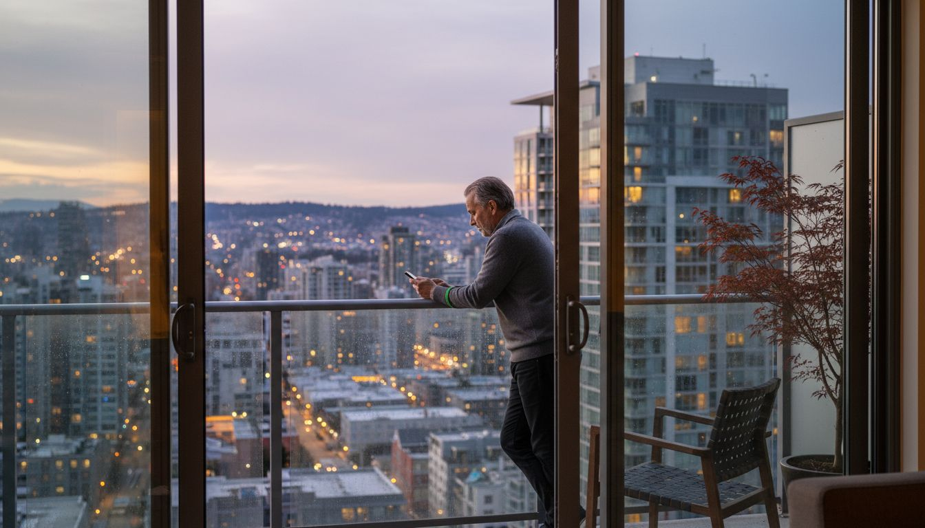 Vancouver luxury property balcony with owner at dusk