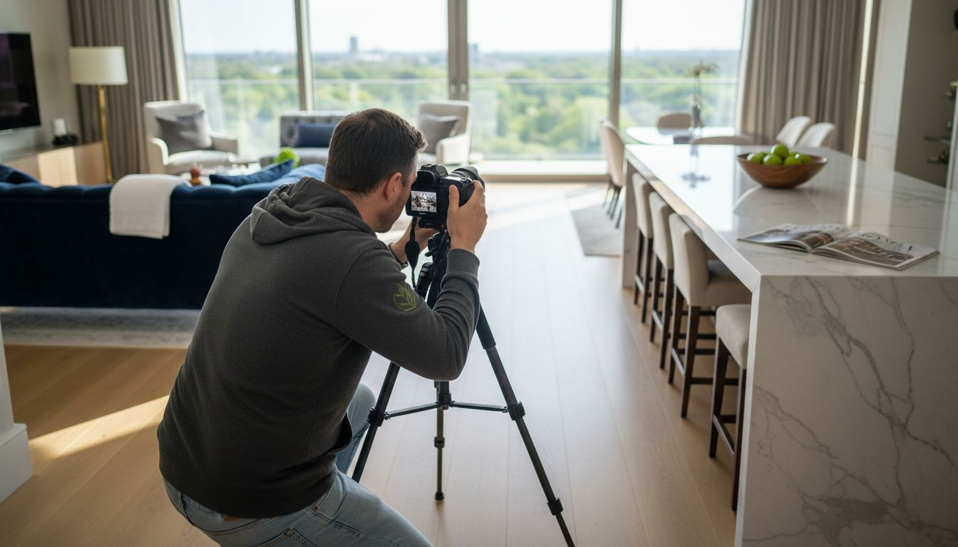 Photographer staging luxury rental living room scene