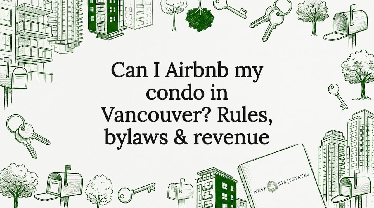 Decorative title card with sketched condos, mailbox, keys