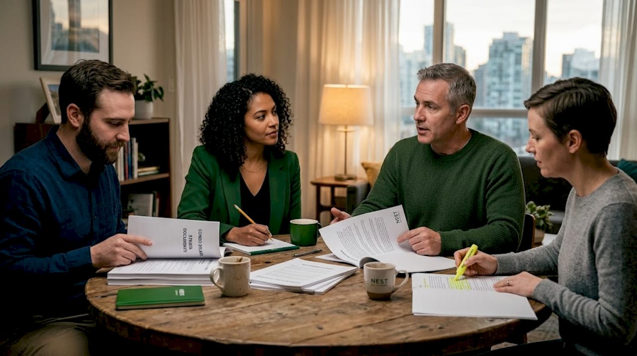 Condo owners and property manager reviewing bylaws