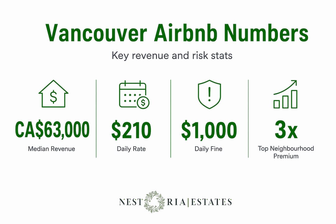 Infographic with Vancouver Airbnb revenue and risk statistics