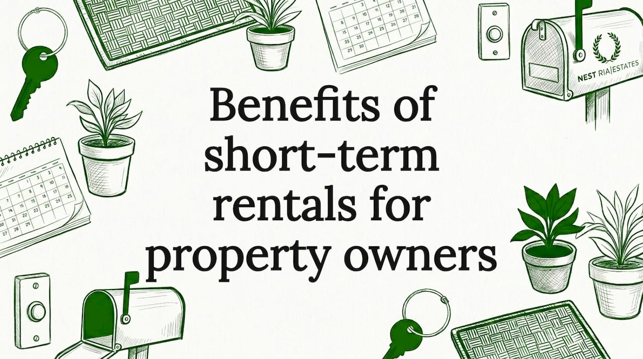 Sketch-style title card with home rental props