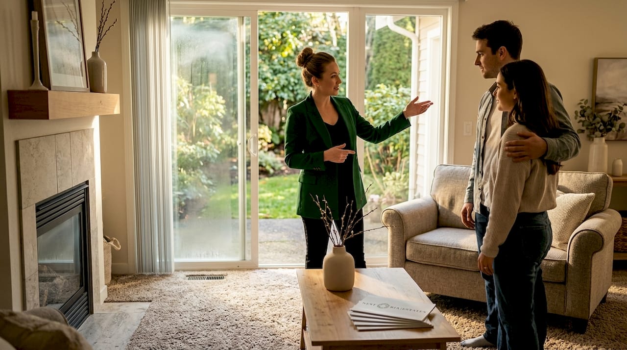 Agent and buyers in sunlit urban condo