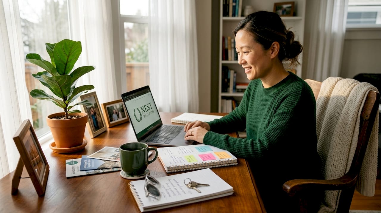 Rental owner reviewing documents in bright kitchen