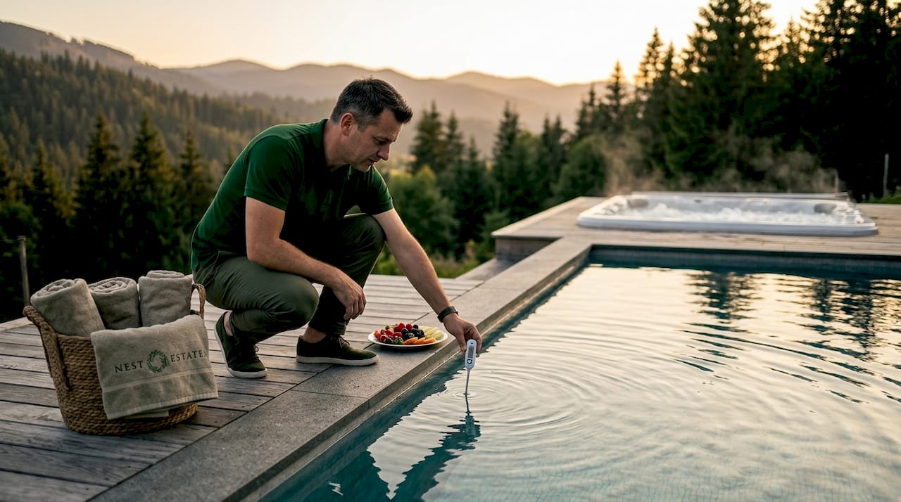 Owner preparing pool and spa at luxury rental