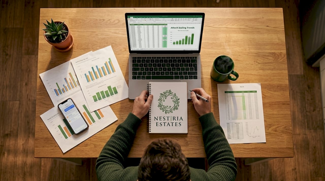Man reviews rental data at home table