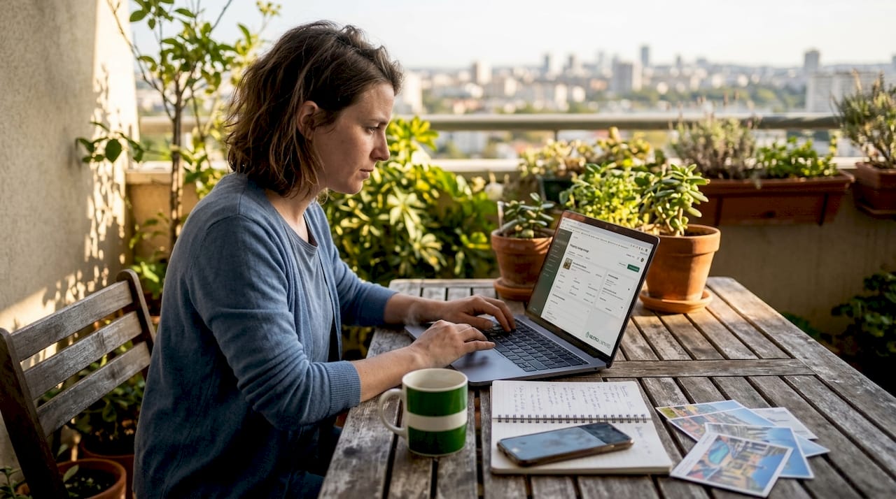 Airbnb host working at a laptop in bright condo