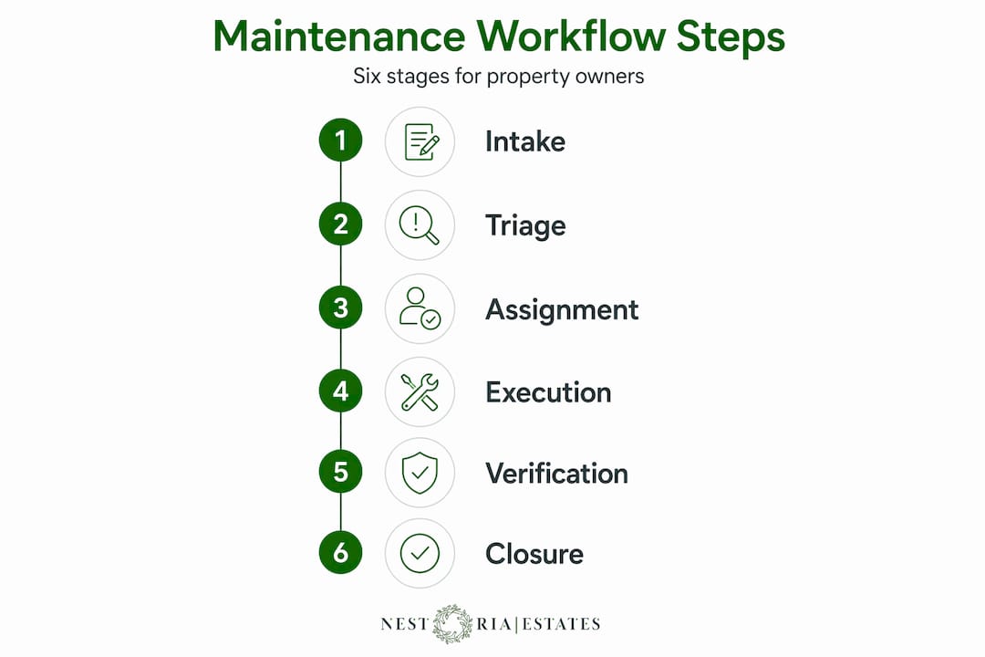 Infographic showing six maintenance workflow steps