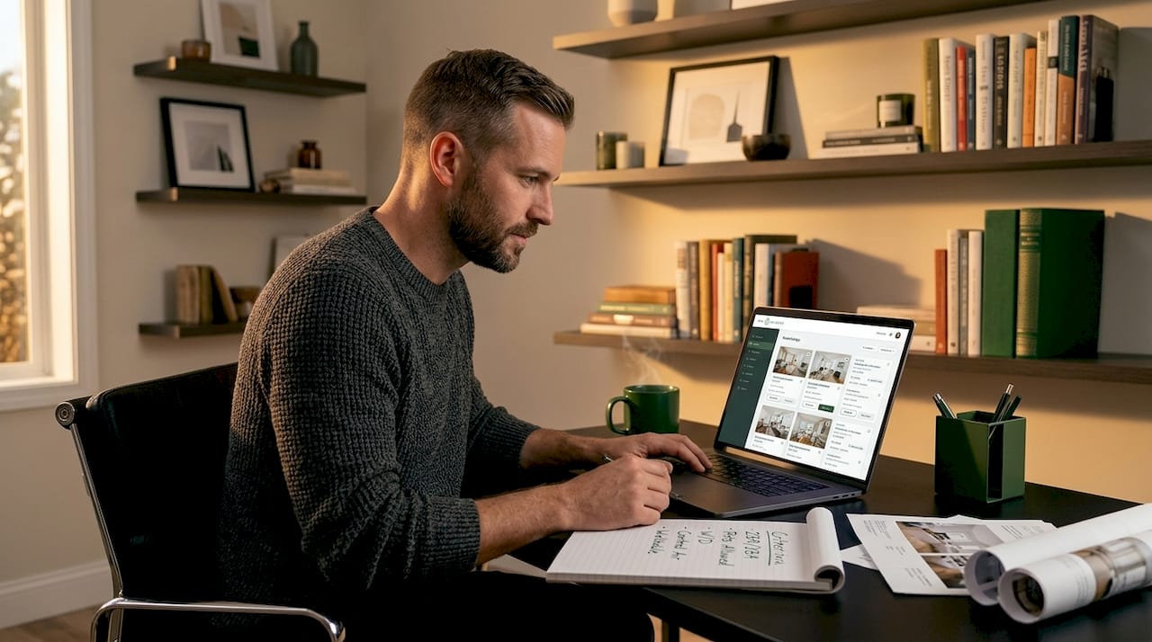 Man reviewing luxury rental listings at table