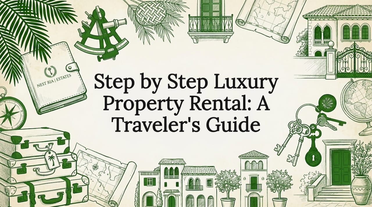 Hand-drawn luxury rental title card illustration