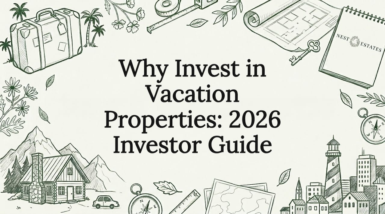 Hand-drawn title card with vacation property motifs