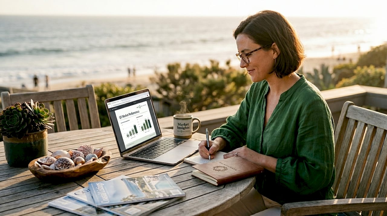 Agent researching vacation property markets at kitchen table