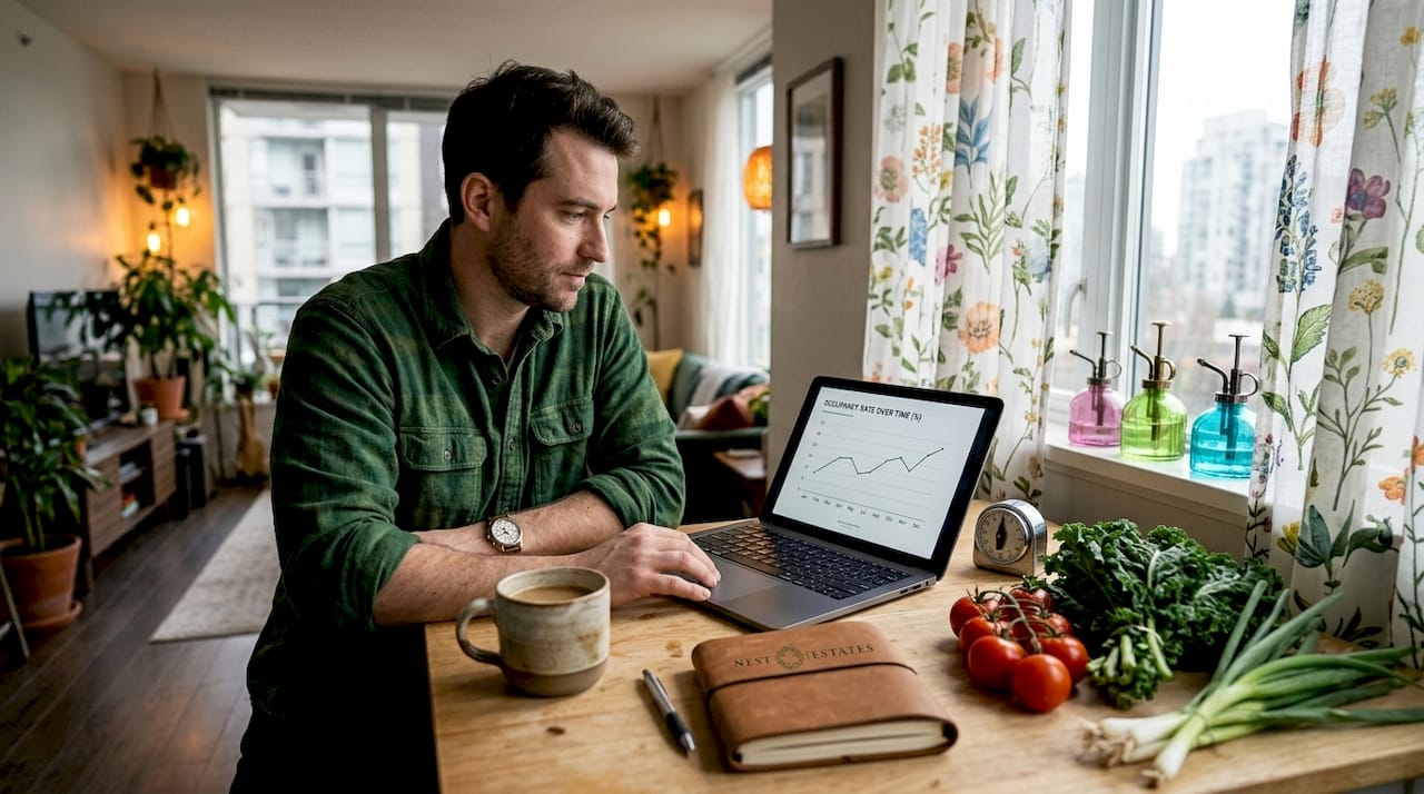 Airbnb host checks occupancy data in apartment