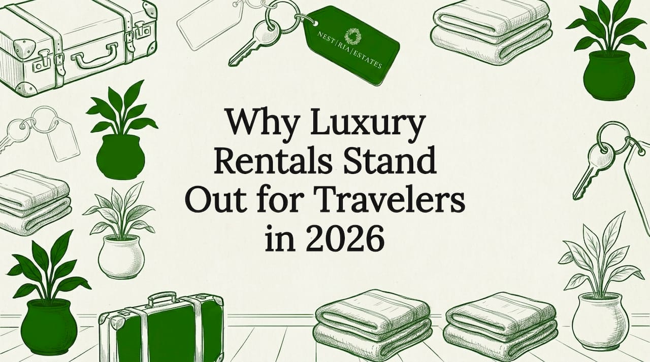 Hand-drawn objects frame clear luxury rental title card