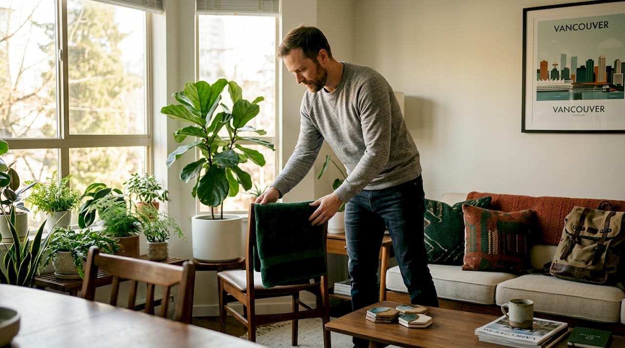 Host preparing Airbnb bedroom with everyday details
