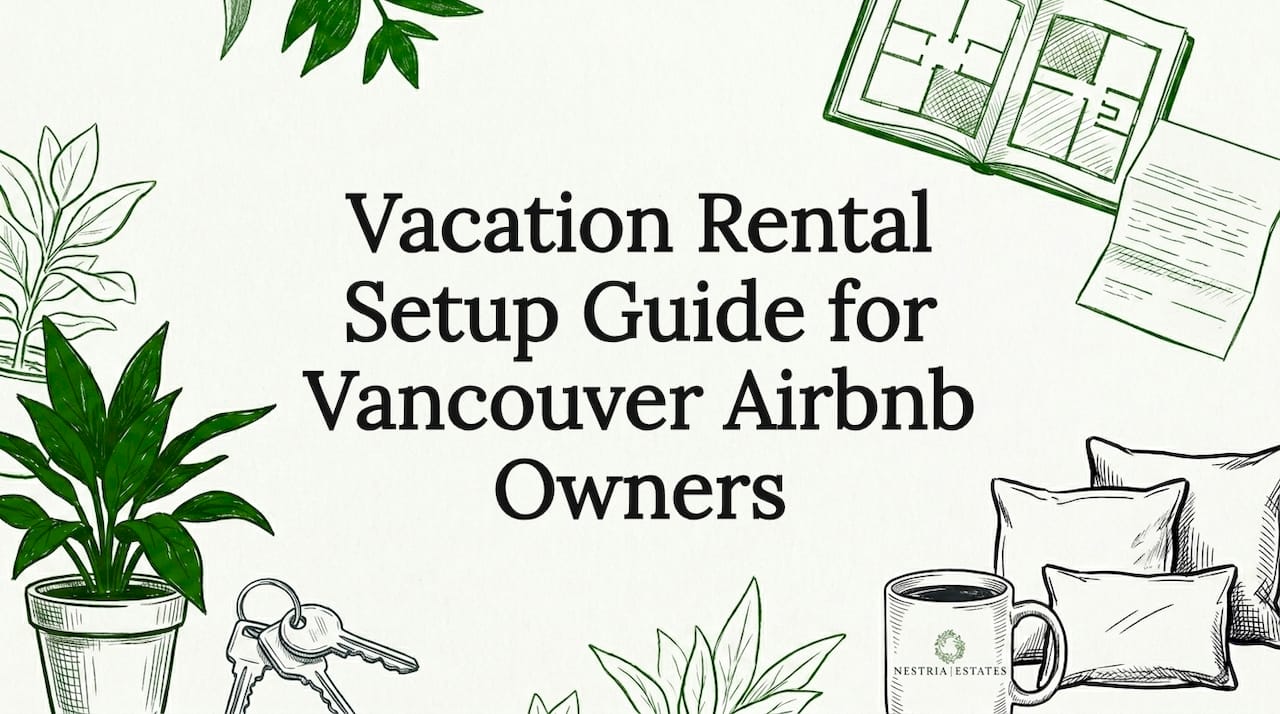Hand-drawn rental setup objects framing a clear title area