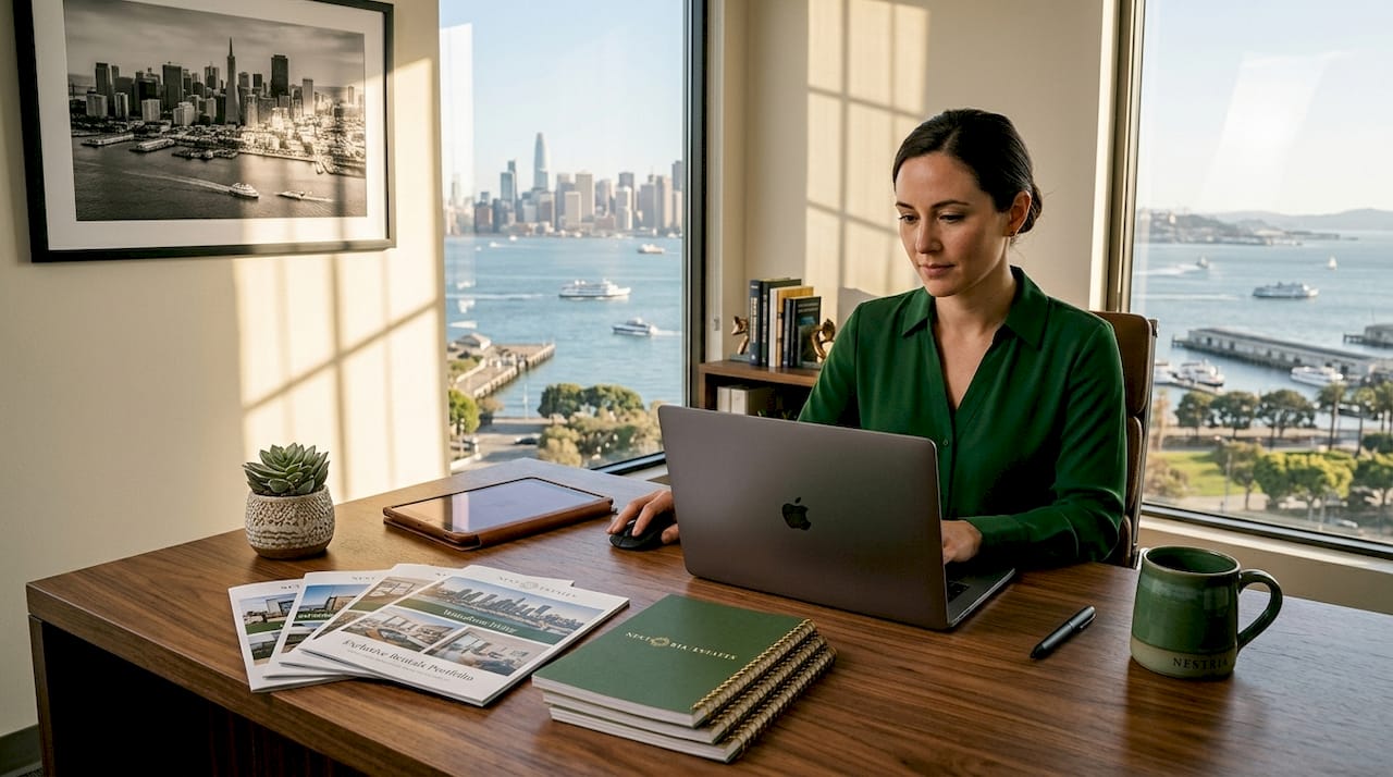 Woman managing luxury rental listings in office