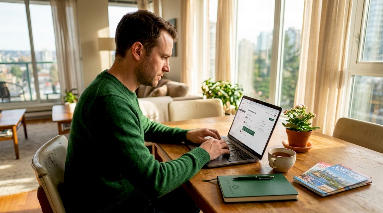 Host typing guest messages on laptop