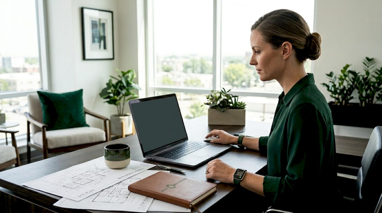 Professional using property management software in office