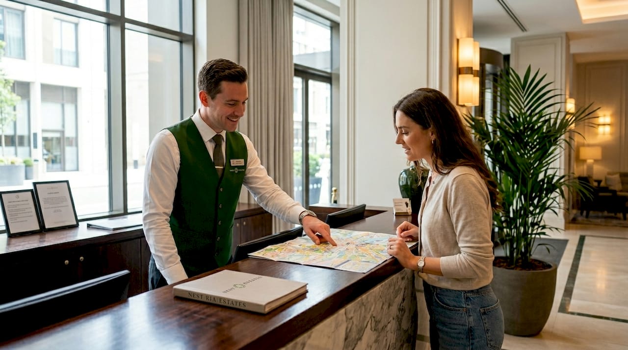 Hotel concierge assisting guest in lobby