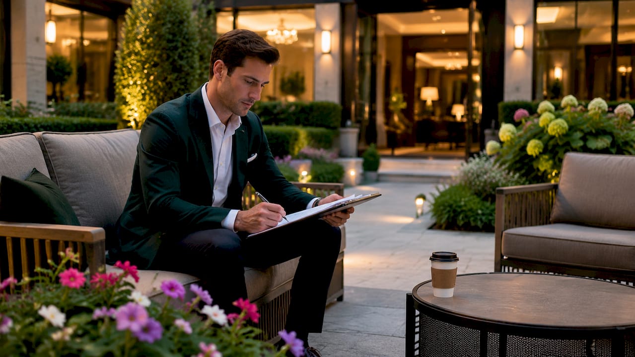 Property manager reviewing luxury amenities checklist