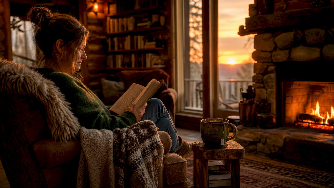 Woman reading travel guide inside treehouse rental