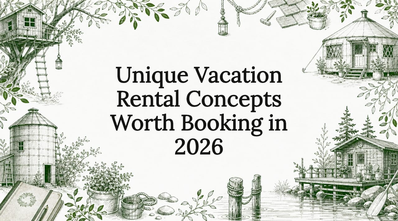 Decorative title card illustration with vacation rental motifs